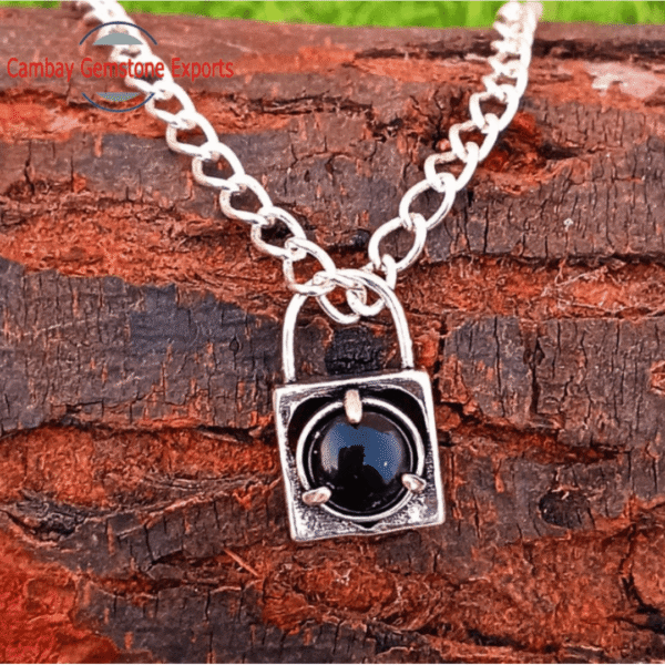 Black Onyx Metal Brass Prong Lock Pendant