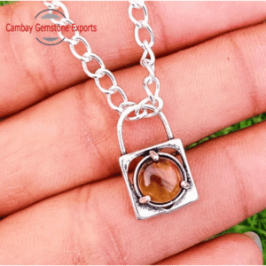 Tiger Eye Metal Brass Prong Lock Pendant