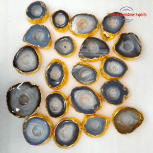 Natural Black Solar Agate Gemstone Plates Unique Golden Border Plates