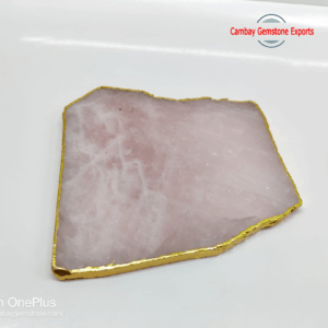 Natural Rose Quartz Gemstone Plates Handmade Golden Border Agate Plates