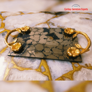 Natural Pyrite Serving Trays Beautiful Gold Plated Flower Handle Serving Trays