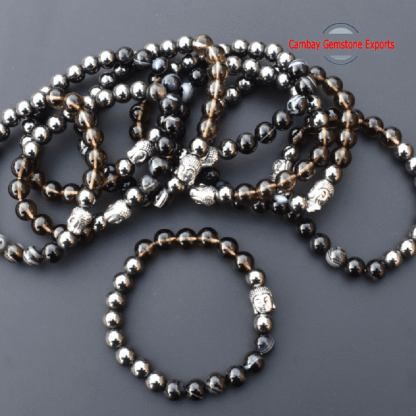 Natural Smokey Quartz and Pyrite Gemstone Bracelet Unique Buddha Bracelet Gift For Mother